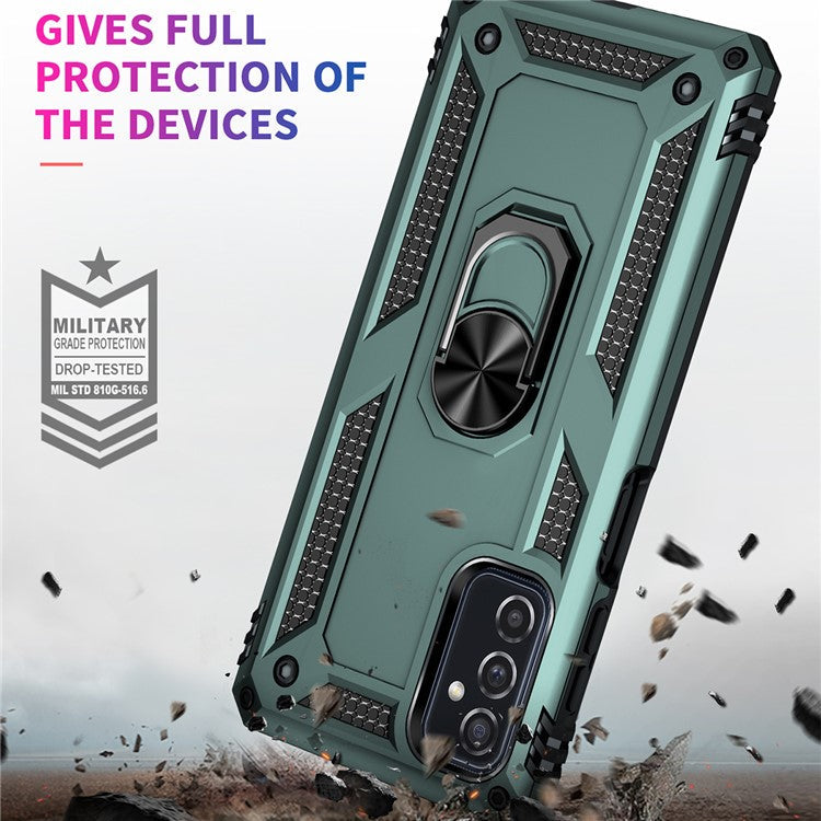 Ring Holder Kickstand Scratch-resistant Anti-drop Phone Cover PC + TPU Hybrid Case with Built-in Metal Sheet for Samsung Galaxy M52 5G - Blackish Green