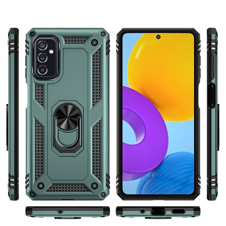 Ring Holder Kickstand Scratch-resistant Anti-drop Phone Cover PC + TPU Hybrid Case with Built-in Metal Sheet for Samsung Galaxy M52 5G - Blackish Green