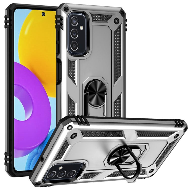 Ring Holder Kickstand Scratch-resistant Anti-drop Phone Cover PC + TPU Hybrid Case with Built-in Metal Sheet for Samsung Galaxy M52 5G - Silver