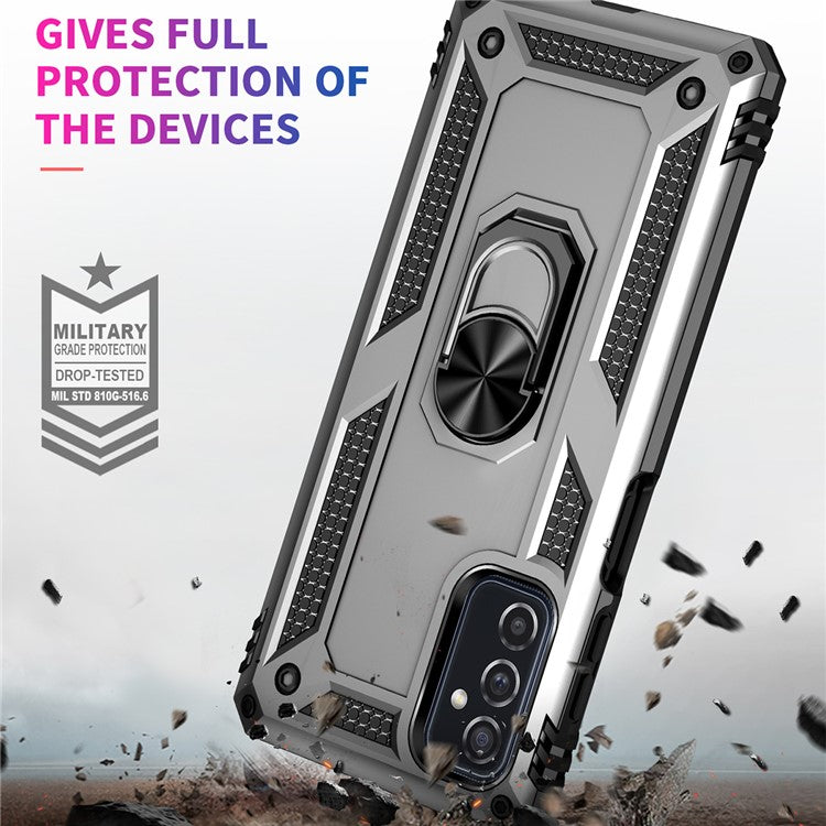 Ring Holder Kickstand Scratch-resistant Anti-drop Phone Cover PC + TPU Hybrid Case with Built-in Metal Sheet for Samsung Galaxy M52 5G - Silver