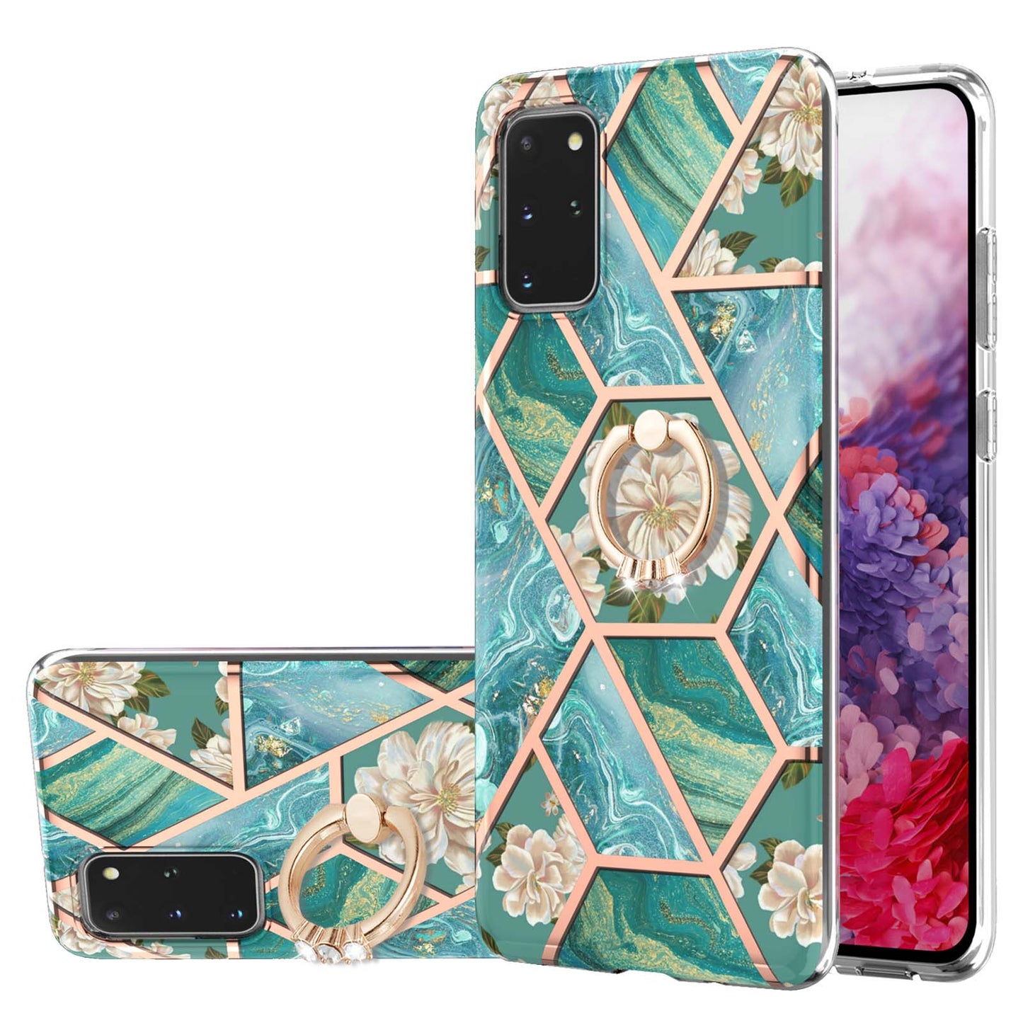 Marble Pattern Design Scratch Resistant Soft TPU IMD Protective Case with Ring Kickstand for Samsung Galaxy S20 Plus 4G/5G - Blue Flowers