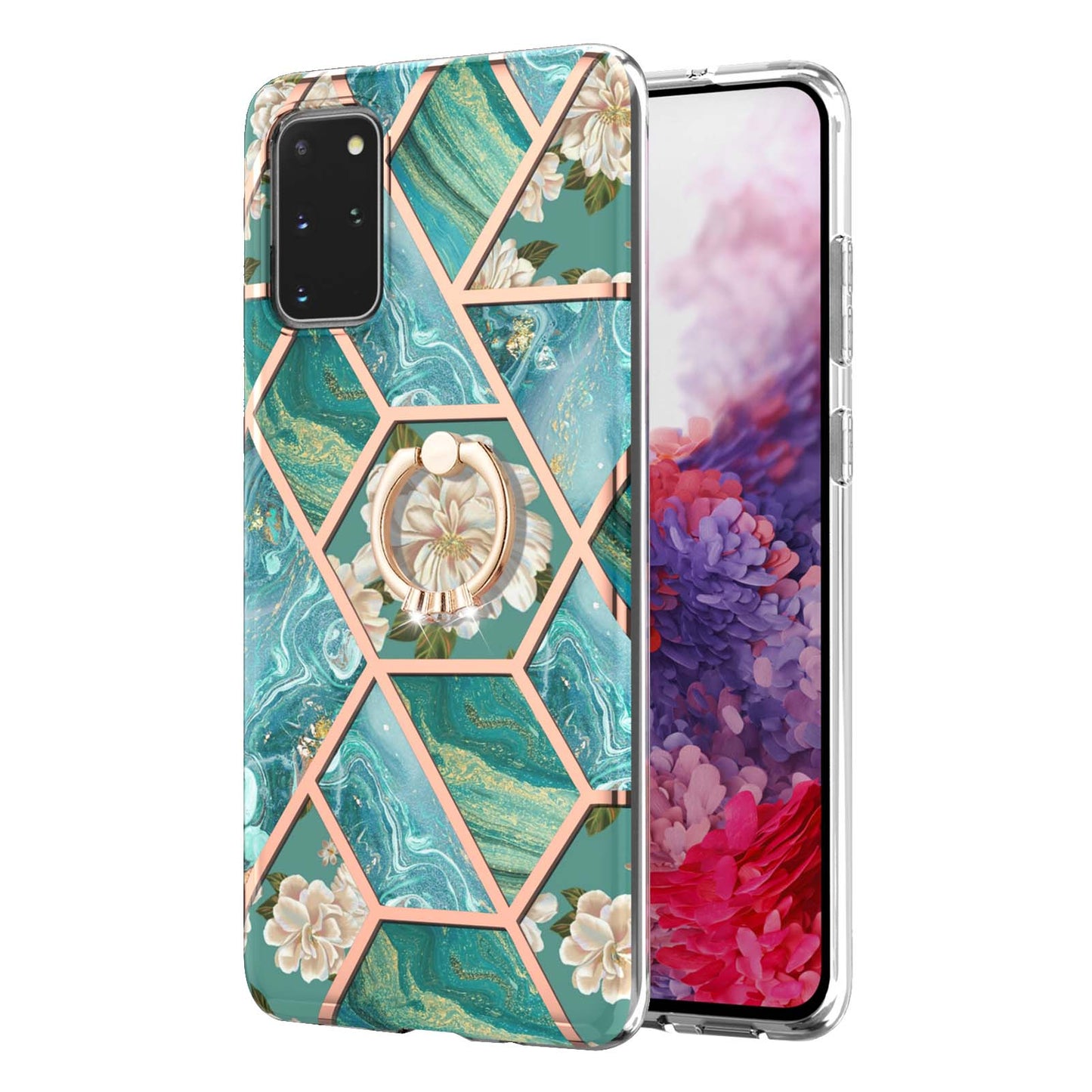 Marble Pattern Design Scratch Resistant Soft TPU IMD Protective Case with Ring Kickstand for Samsung Galaxy S20 Plus 4G/5G - Blue Flowers