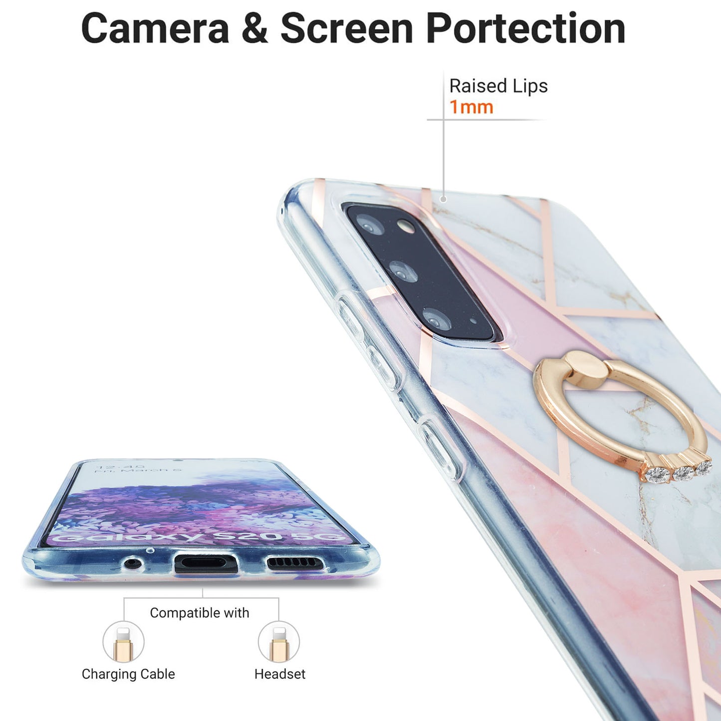 2.0mm TPU Phone Kickstand Cover IMD IML Anti-Fade Electroplating Marble Pattern Case for Samsung Galaxy S20 4G/S20 5G - Pink/White