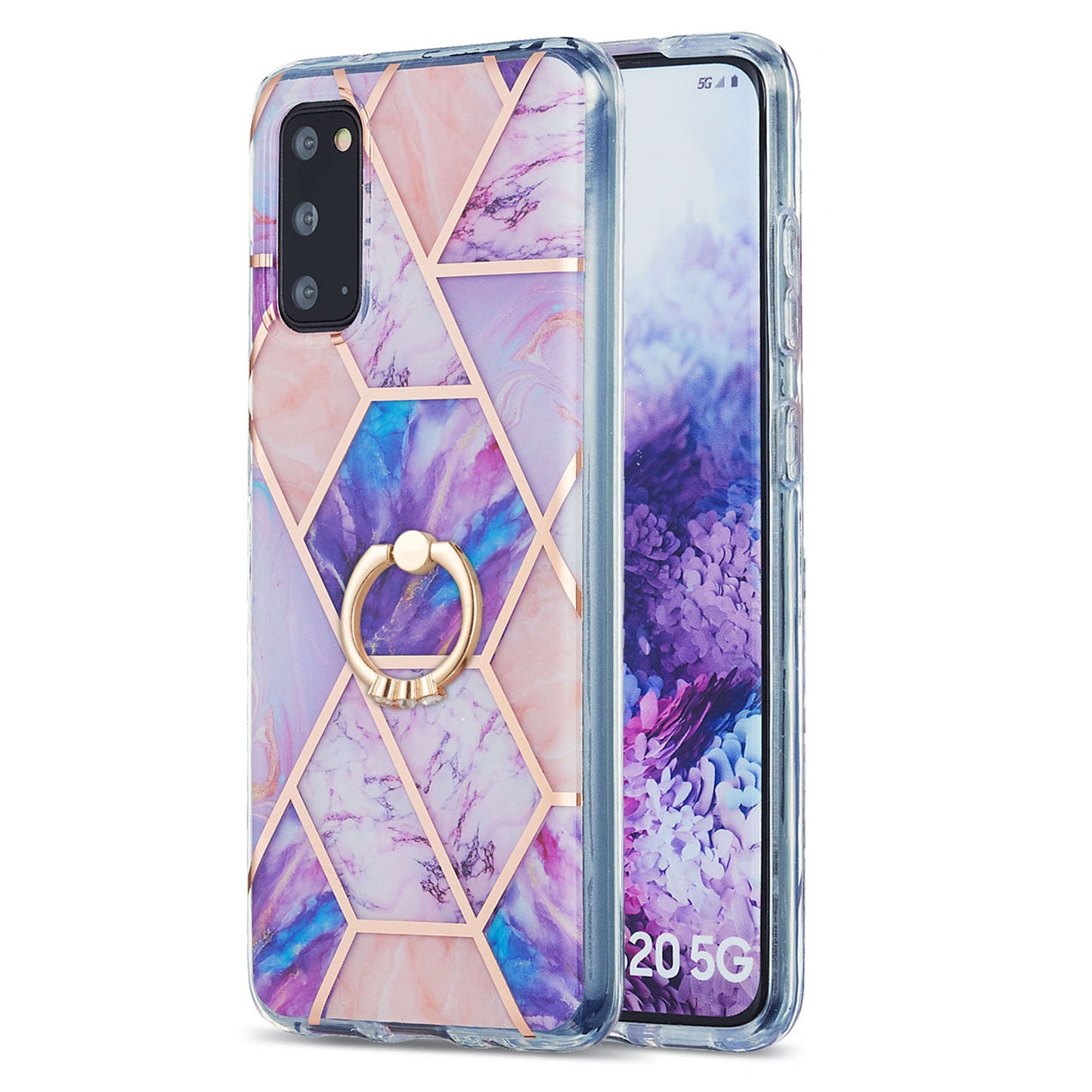 2.0mm TPU Phone Kickstand Cover IMD IML Anti-Fade Electroplating Marble Pattern Case for Samsung Galaxy S20 4G/S20 5G - Light Purple