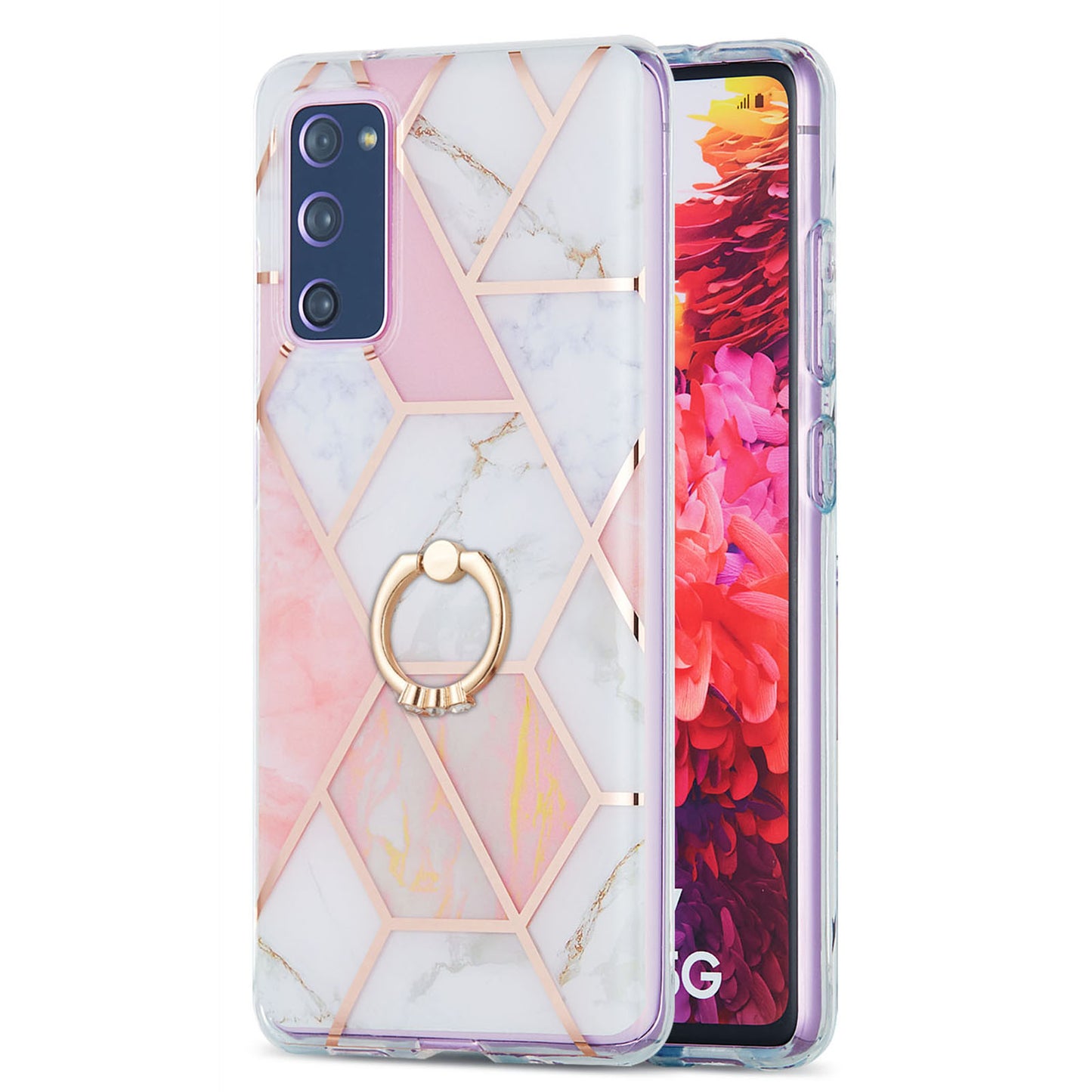 Kickstand Design TPU Phone Cover IMD IML Drop-Resistant 2.0mm Electroplating Marble Pattern Case for Samsung Galaxy S20 FE 2022/S20 FE/S20 FE 5G/S20 Fan Edition/S20 Fan Edition 5G/S20 Lite - Pink/White