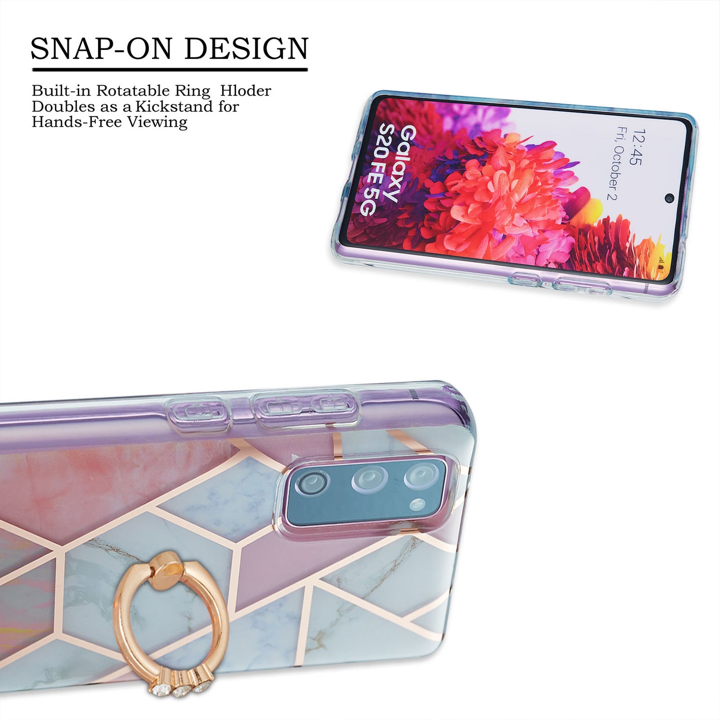 Kickstand Design TPU Phone Cover IMD IML Drop-Resistant 2.0mm Electroplating Marble Pattern Case for Samsung Galaxy S20 FE 2022/S20 FE/S20 FE 5G/S20 Fan Edition/S20 Fan Edition 5G/S20 Lite - Pink/White