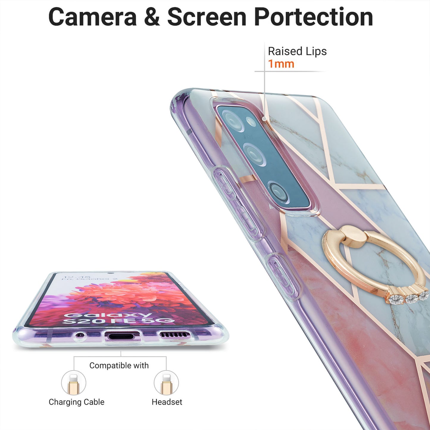 Kickstand Design TPU Phone Cover IMD IML Drop-Resistant 2.0mm Electroplating Marble Pattern Case for Samsung Galaxy S20 FE 2022/S20 FE/S20 FE 5G/S20 Fan Edition/S20 Fan Edition 5G/S20 Lite - Pink/White