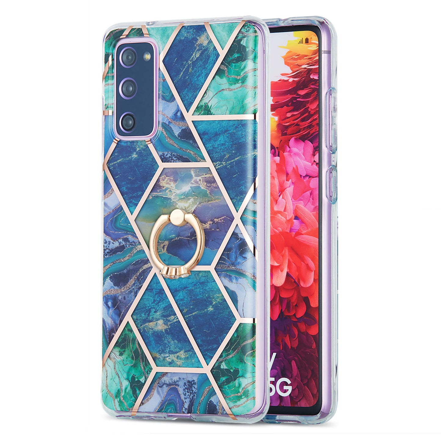 Kickstand Design TPU Phone Cover IMD IML Drop-Resistant 2.0mm Electroplating Marble Pattern Case for Samsung Galaxy S20 FE 2022/S20 FE/S20 FE 5G/S20 Fan Edition/S20 Fan Edition 5G/S20 Lite - Blue/Green