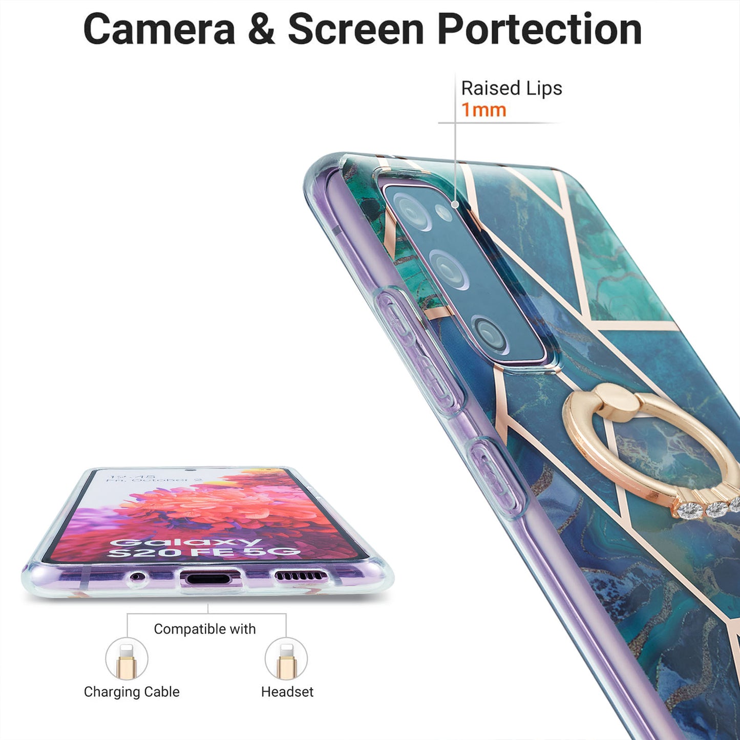 Kickstand Design TPU Phone Cover IMD IML Drop-Resistant 2.0mm Electroplating Marble Pattern Case for Samsung Galaxy S20 FE 2022/S20 FE/S20 FE 5G/S20 Fan Edition/S20 Fan Edition 5G/S20 Lite - Blue/Green