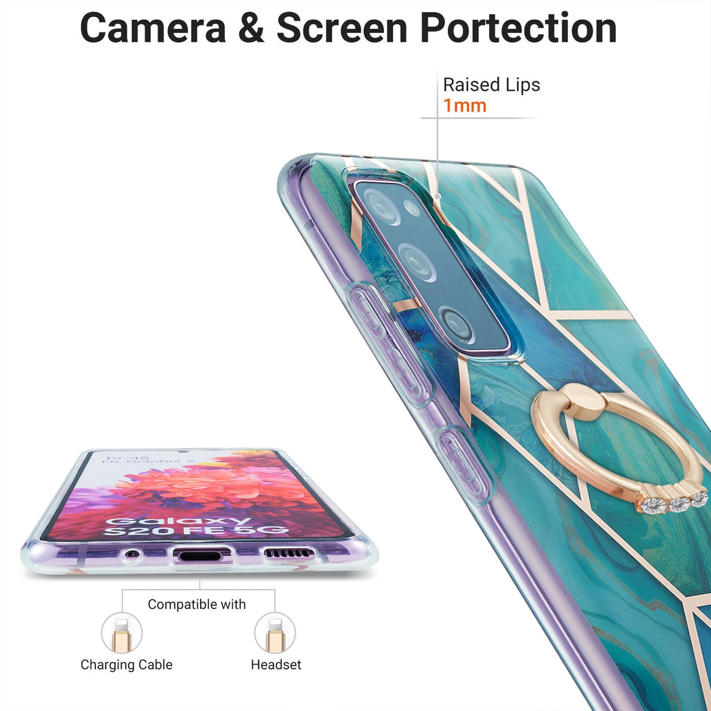 Kickstand Design TPU Phone Cover IMD IML Drop-Resistant 2.0mm Electroplating Marble Pattern Case for Samsung Galaxy S20 FE 2022/S20 FE/S20 FE 5G/S20 Fan Edition/S20 Fan Edition 5G/S20 Lite - Green