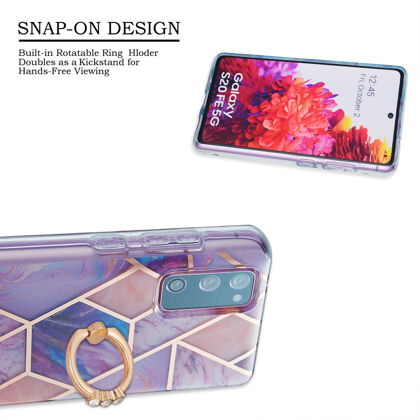 Kickstand Design TPU Phone Cover IMD IML Drop-Resistant 2.0mm Electroplating Marble Pattern Case for Samsung Galaxy S20 FE 2022/S20 FE/S20 FE 5G/S20 Fan Edition/S20 Fan Edition 5G/S20 Lite - Light Purple