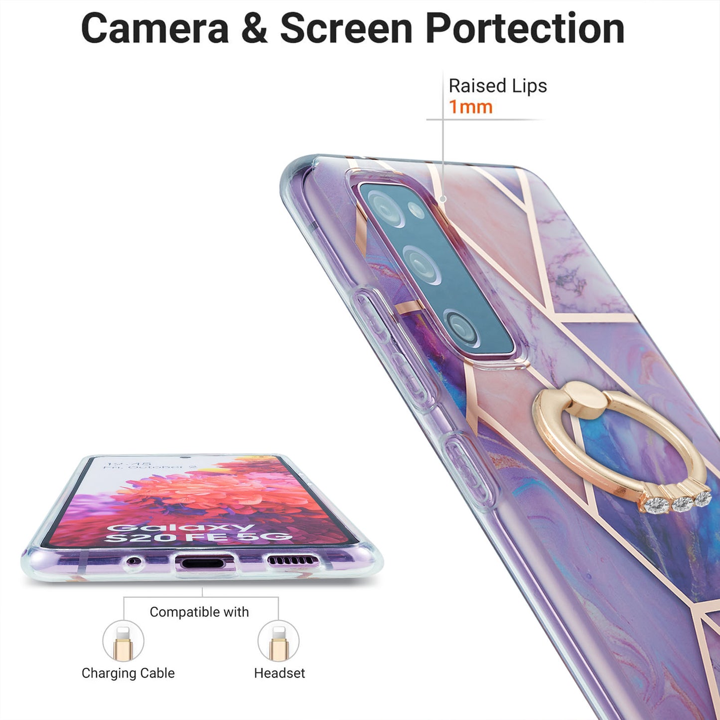 Kickstand Design TPU Phone Cover IMD IML Drop-Resistant 2.0mm Electroplating Marble Pattern Case for Samsung Galaxy S20 FE 2022/S20 FE/S20 FE 5G/S20 Fan Edition/S20 Fan Edition 5G/S20 Lite - Light Purple