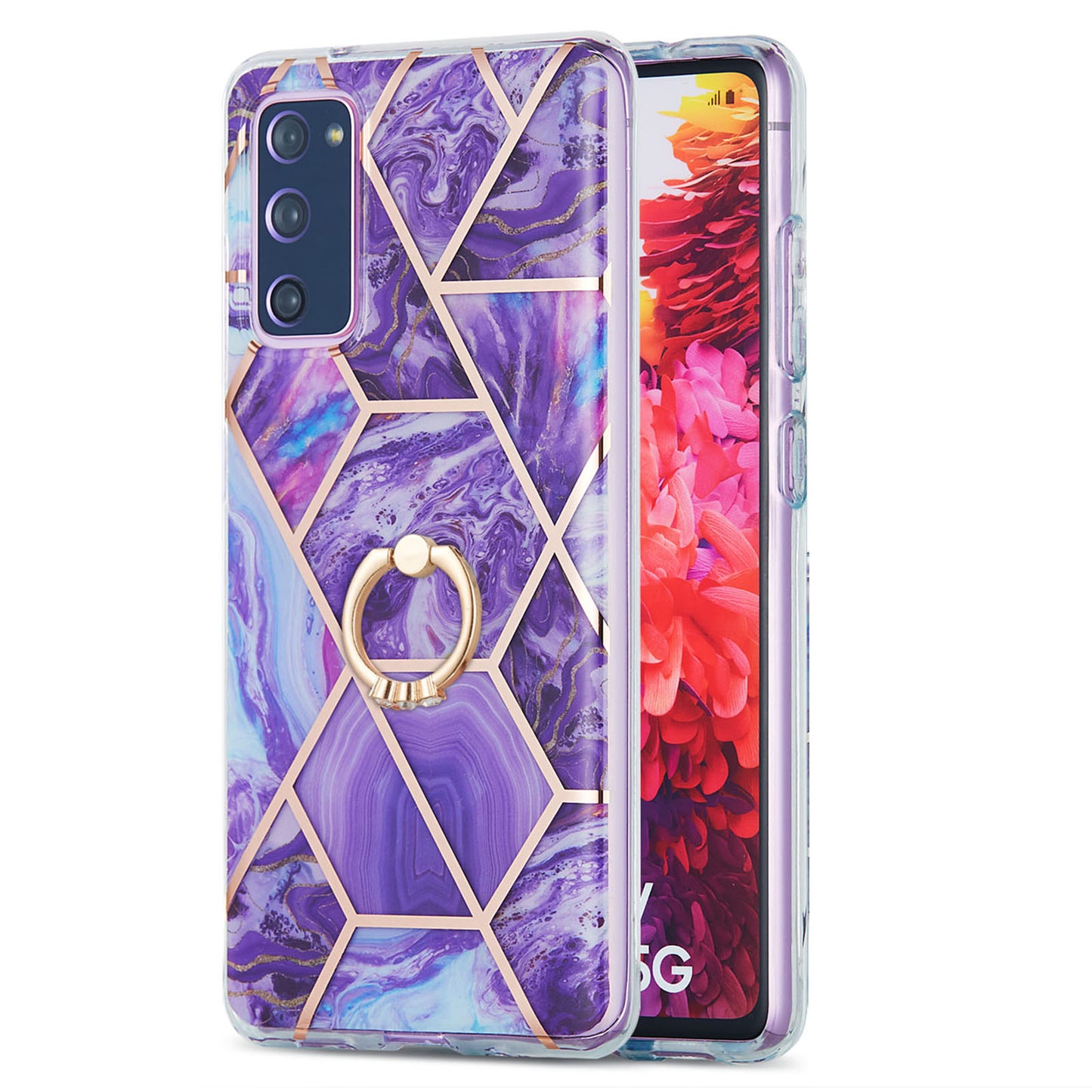 Kickstand Design TPU Phone Cover IMD IML Drop-Resistant 2.0mm Electroplating Marble Pattern Case for Samsung Galaxy S20 FE 2022/S20 FE/S20 FE 5G/S20 Fan Edition/S20 Fan Edition 5G/S20 Lite - Dark Purple