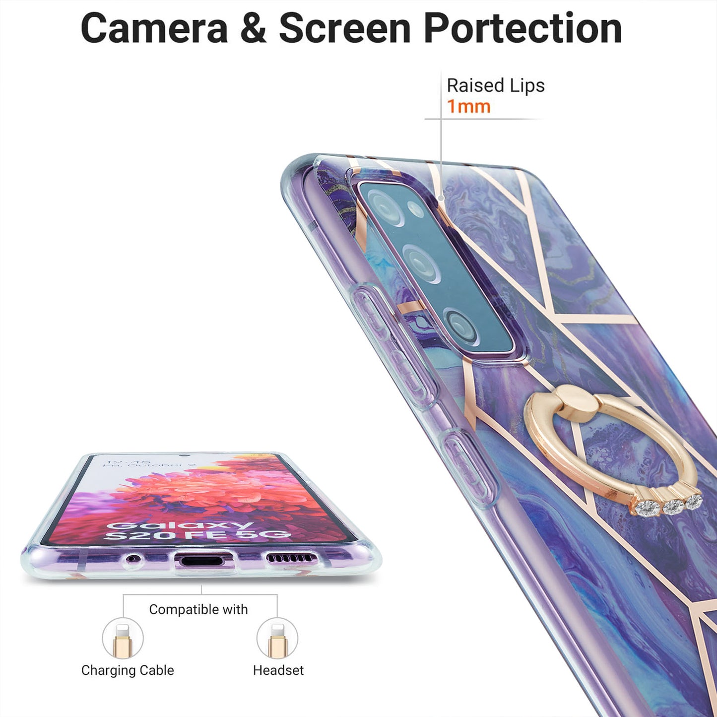 Kickstand Design TPU Phone Cover IMD IML Drop-Resistant 2.0mm Electroplating Marble Pattern Case for Samsung Galaxy S20 FE 2022/S20 FE/S20 FE 5G/S20 Fan Edition/S20 Fan Edition 5G/S20 Lite - Dark Purple