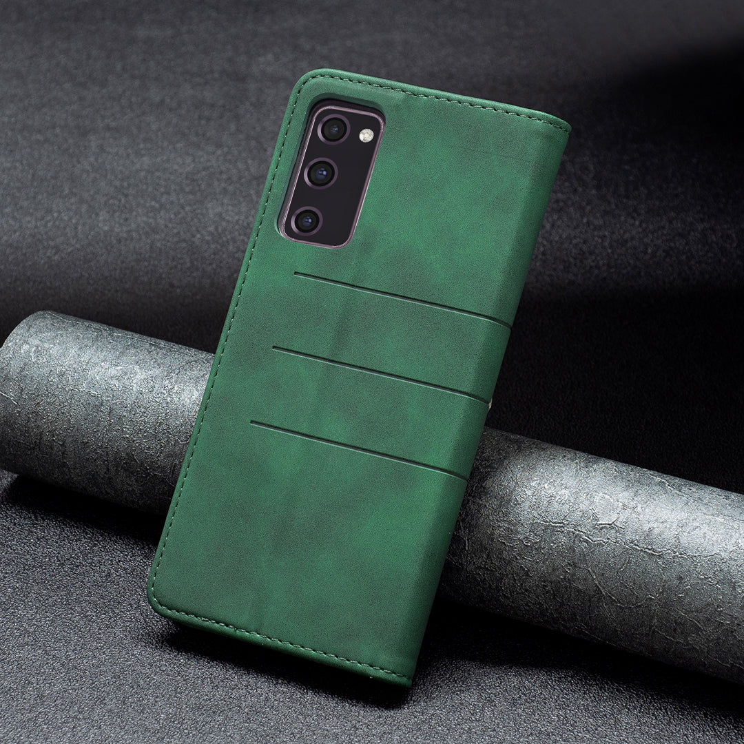 BINFEN COLOR Magnetic Auto-absorbed Wallet Shockproof Phone Stand Cover Anti-dust Phone Case Splicing Leather Shell for Samsung Galaxy S20 FE 2022/S20 FE/S20 FE 5G/S20 Lite - Green