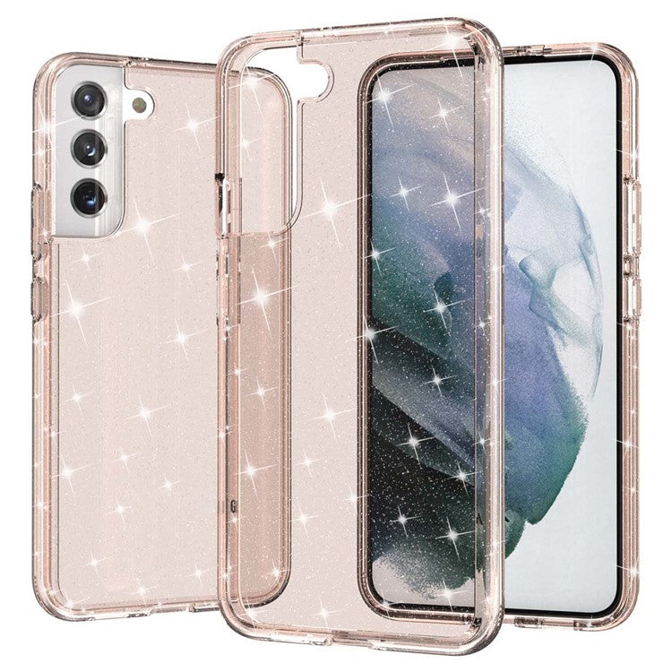 TPU + PC Hybrid Phone Case 2.8mm Thickened Glittering Powder Transparent Drop-Proof Phone Protector for Samsung Galaxy S22 5G - Rose Gold