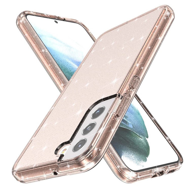 TPU + PC Hybrid Phone Case 2.8mm Thickened Glittering Powder Transparent Drop-Proof Phone Protector for Samsung Galaxy S22 5G - Rose Gold