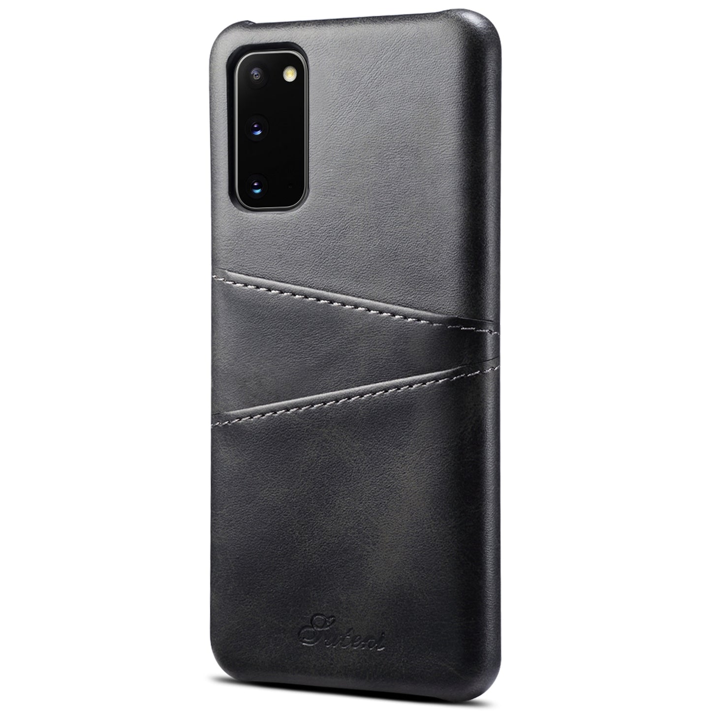 SUTENI PU Leather Coated PC Case with Non-Fully-Wrapped Design Card Holders Phone Protector for Samsung Galaxy S20 4G/S20 5G - Black