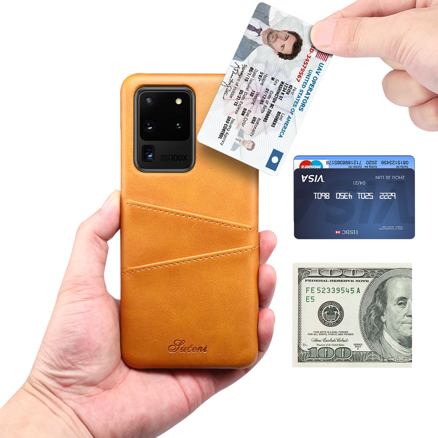 SUTENI PU Leather Coated PC Case Large Cutouts Easy Ports Access with Card Holders for Samsung Galaxy S20 Ultra - Khaki