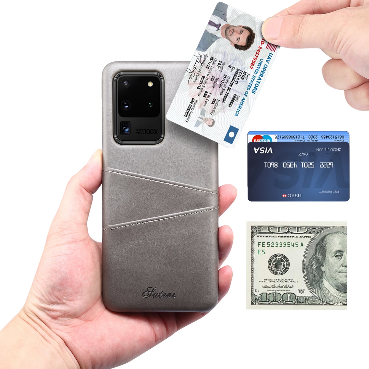 SUTENI PU Leather Coated PC Case Large Cutouts Easy Ports Access with Card Holders for Samsung Galaxy S20 Ultra - Grey