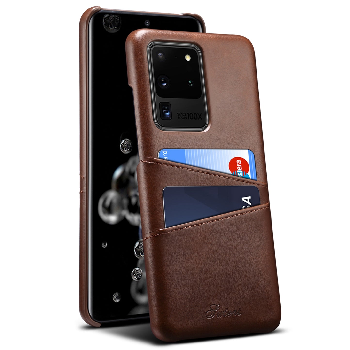SUTENI PU Leather Coated PC Case Large Cutouts Easy Ports Access with Card Holders for Samsung Galaxy S20 Ultra - Brown