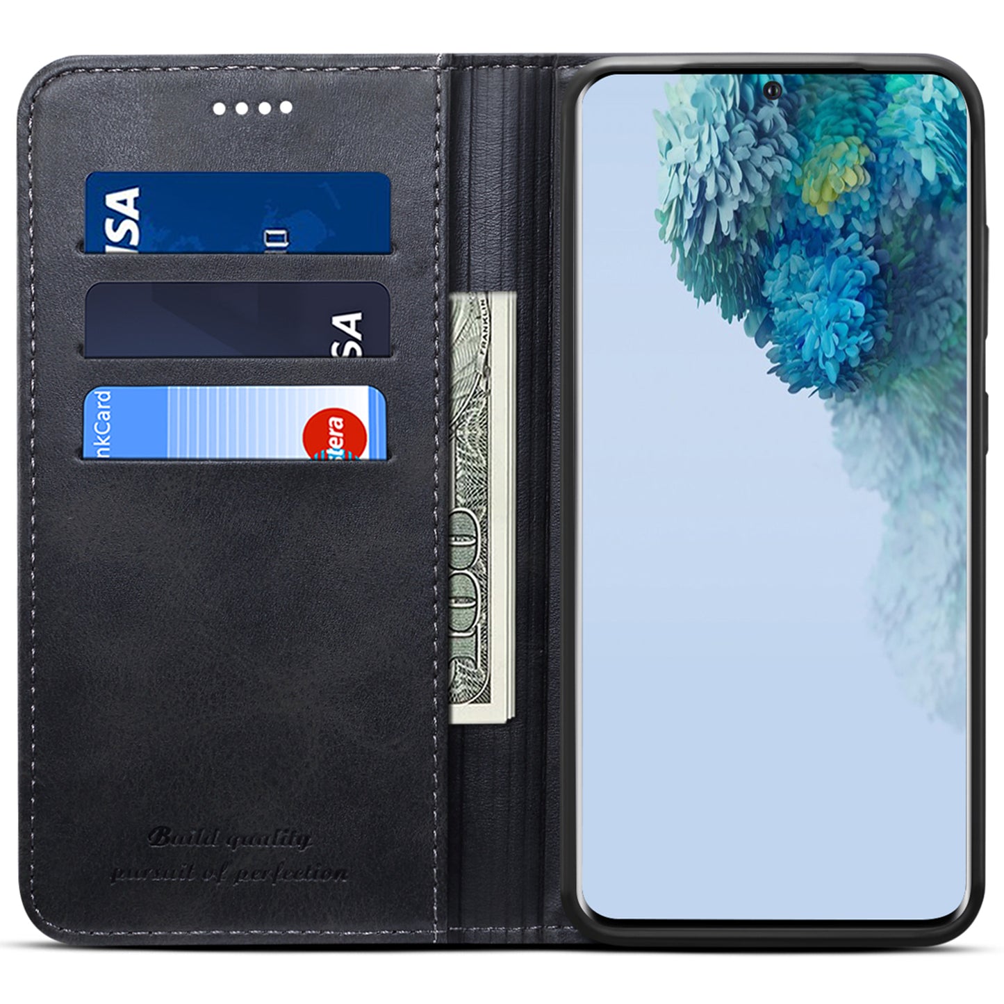 SUTENI Stand Wallet Full Protection Leather Case Phone Cover for Samsung Galaxy S20 4G/S20 5G - Black