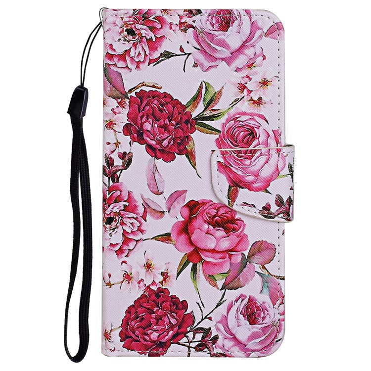For Samsung Galaxy A33 5G Cross Texture PU Leather Folio Flip Stand Cover Pattern Printing Wallet Case with Strap - Peony Flowers