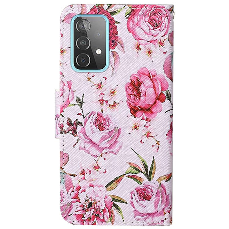 For Samsung Galaxy A33 5G Cross Texture PU Leather Folio Flip Stand Cover Pattern Printing Wallet Case with Strap - Peony Flowers