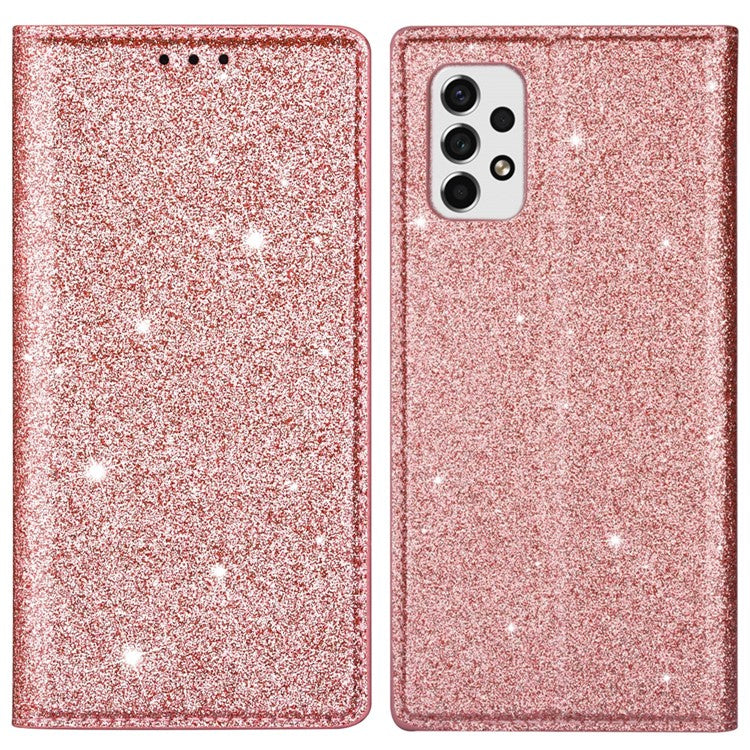 For Samsung Galaxy A33 5G Glitter Sequins Stand Card Holder PU Leather Shockproof Protective Phone Case Cover - Rose Gold
