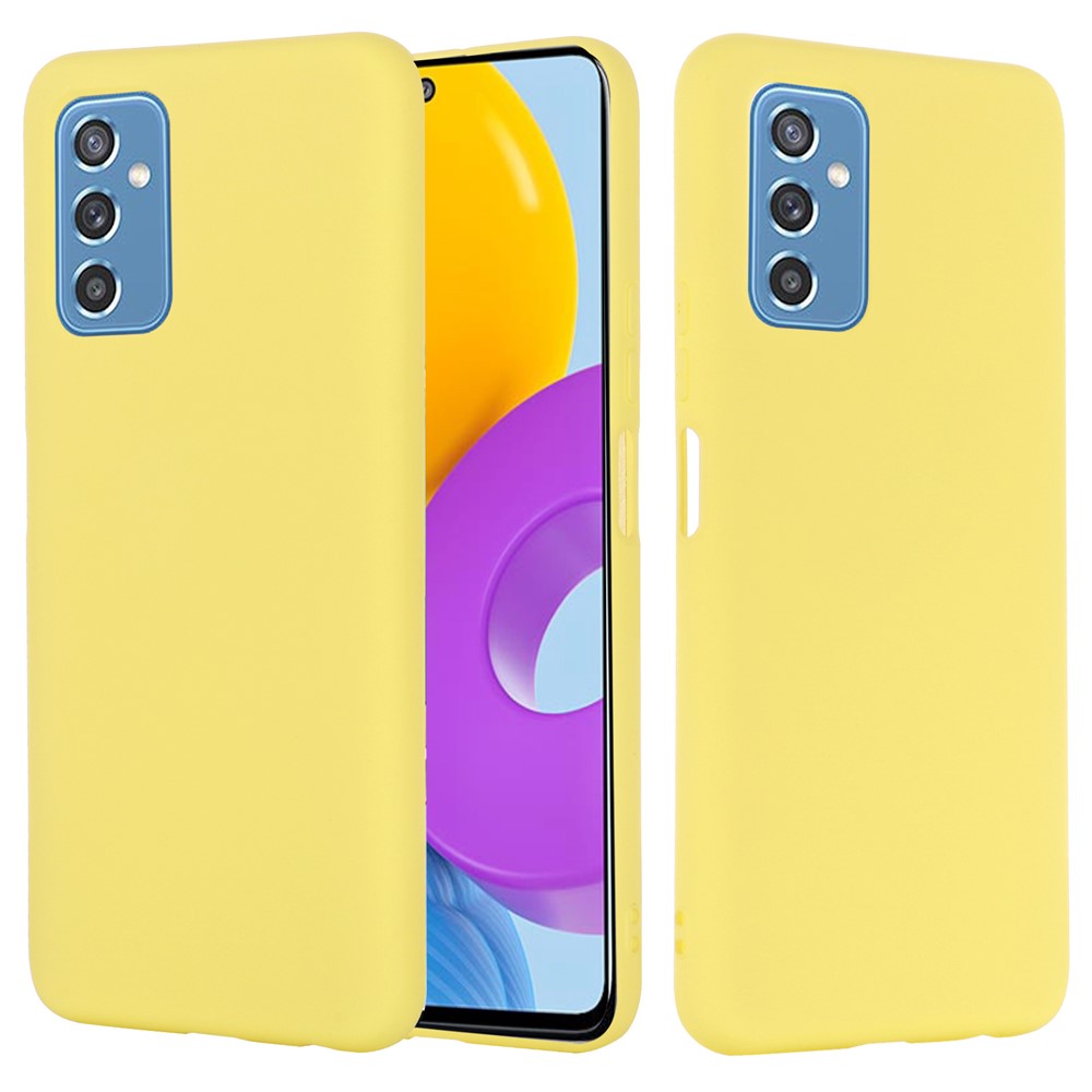 Soft Liquid Silicone Anti-drop Phone Protective Back Case Cover with Wrist Strap for Samsung Galaxy M52 5G - Yellow