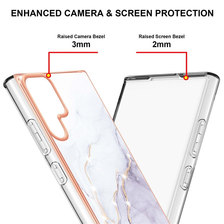 For Samsung Galaxy S22 Ultra 5G Scratch-resistant Anti-fall IML IMD Electroplating Frame Marble Pattern TPU Phone Case - White 006
