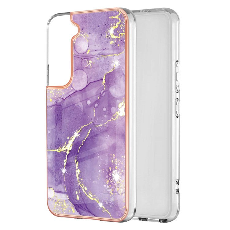 For Samsung Galaxy S22 5G Bumper-proof Anti-fingerprint IML IMD Marble Pattern Electroplating Frame TPU Phone Case - Purple 002