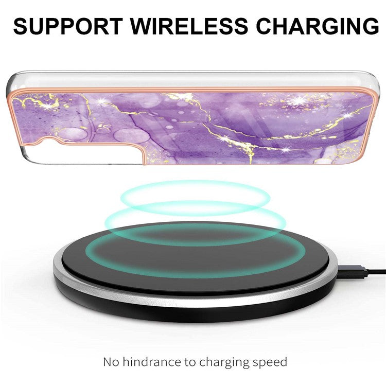 For Samsung Galaxy S22 5G Bumper-proof Anti-fingerprint IML IMD Marble Pattern Electroplating Frame TPU Phone Case - Purple 002