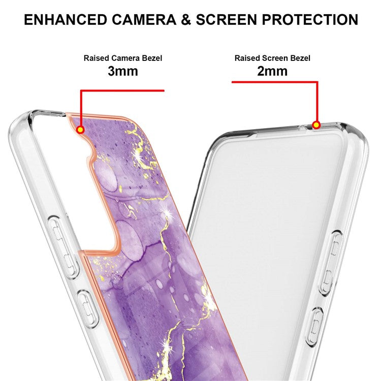 For Samsung Galaxy S22 5G Bumper-proof Anti-fingerprint IML IMD Marble Pattern Electroplating Frame TPU Phone Case - Purple 002