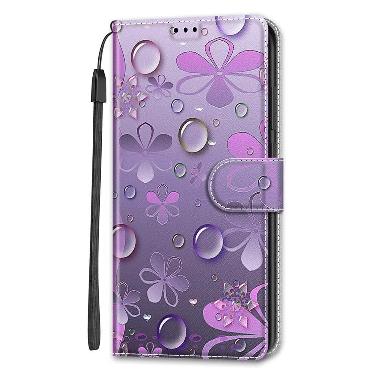 Pattern Printing PU Leather Stand Card Holder Phone Case with Wrist Strap for Samsung Galaxy S22 Ultra 5G - C16 Waterdrop and Flowers