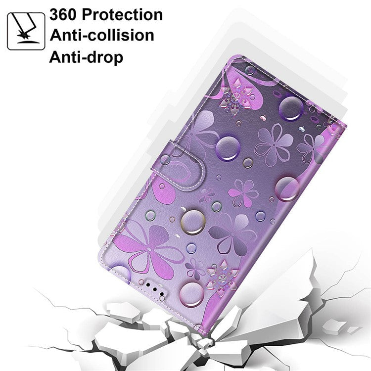 Pattern Printing PU Leather Stand Card Holder Phone Case with Wrist Strap for Samsung Galaxy S22 Ultra 5G - C16 Waterdrop and Flowers