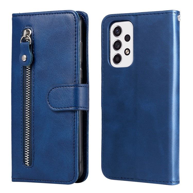 Multi-function Stand Wallet PU Leather Cover Zipper Pocket Phone Case Shell for Samsung Galaxy A53 5G - Blue