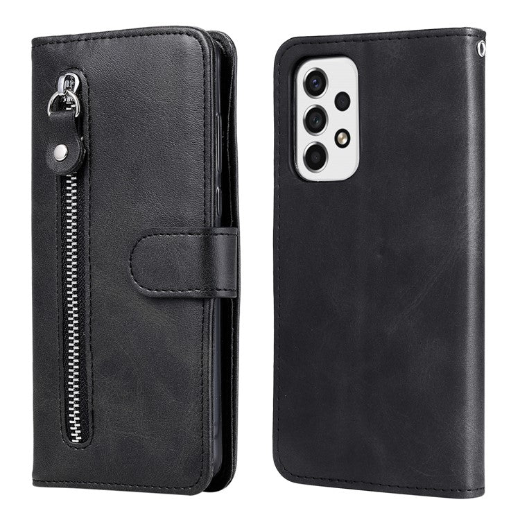 Multi-function Stand Wallet PU Leather Cover Zipper Pocket Phone Case Shell for Samsung Galaxy A53 5G - Black