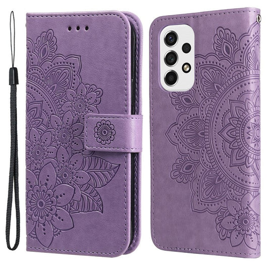 Well-protected Imprinting Flower Double-sided Magnetic Clasp PU Leather Stand Wallet Phone Case Cover with Hand Strap for Samsung Galaxy A53 5G - Purple