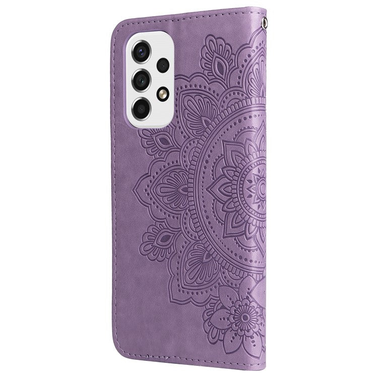 Well-protected Imprinting Flower Double-sided Magnetic Clasp PU Leather Stand Wallet Phone Case Cover with Hand Strap for Samsung Galaxy A53 5G - Purple