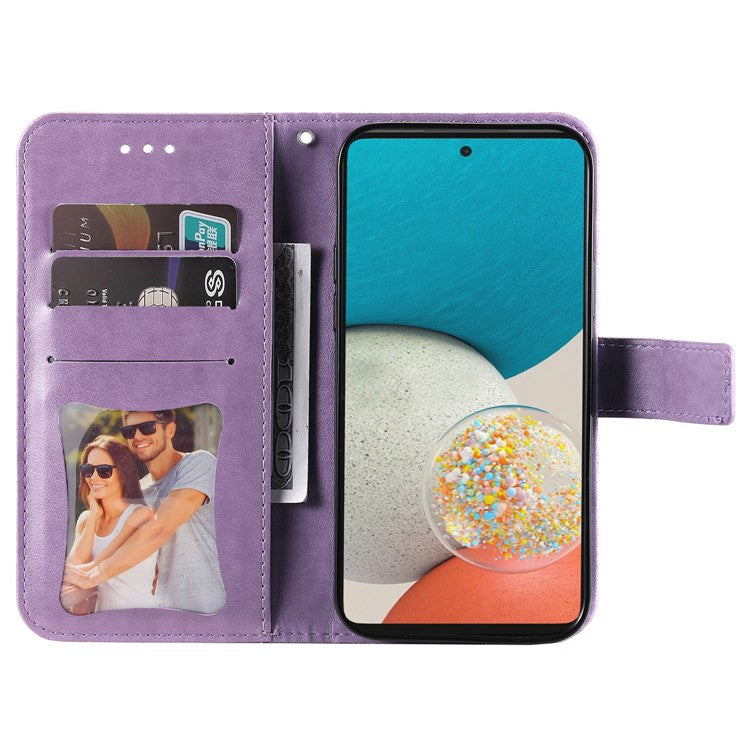 Well-protected Imprinting Flower Double-sided Magnetic Clasp PU Leather Stand Wallet Phone Case Cover with Hand Strap for Samsung Galaxy A53 5G - Purple