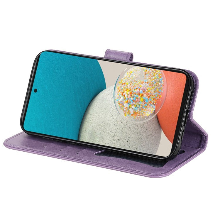 Well-protected Imprinting Flower Double-sided Magnetic Clasp PU Leather Stand Wallet Phone Case Cover with Hand Strap for Samsung Galaxy A53 5G - Purple