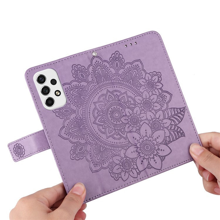 Well-protected Imprinting Flower Double-sided Magnetic Clasp PU Leather Stand Wallet Phone Case Cover with Hand Strap for Samsung Galaxy A53 5G - Purple