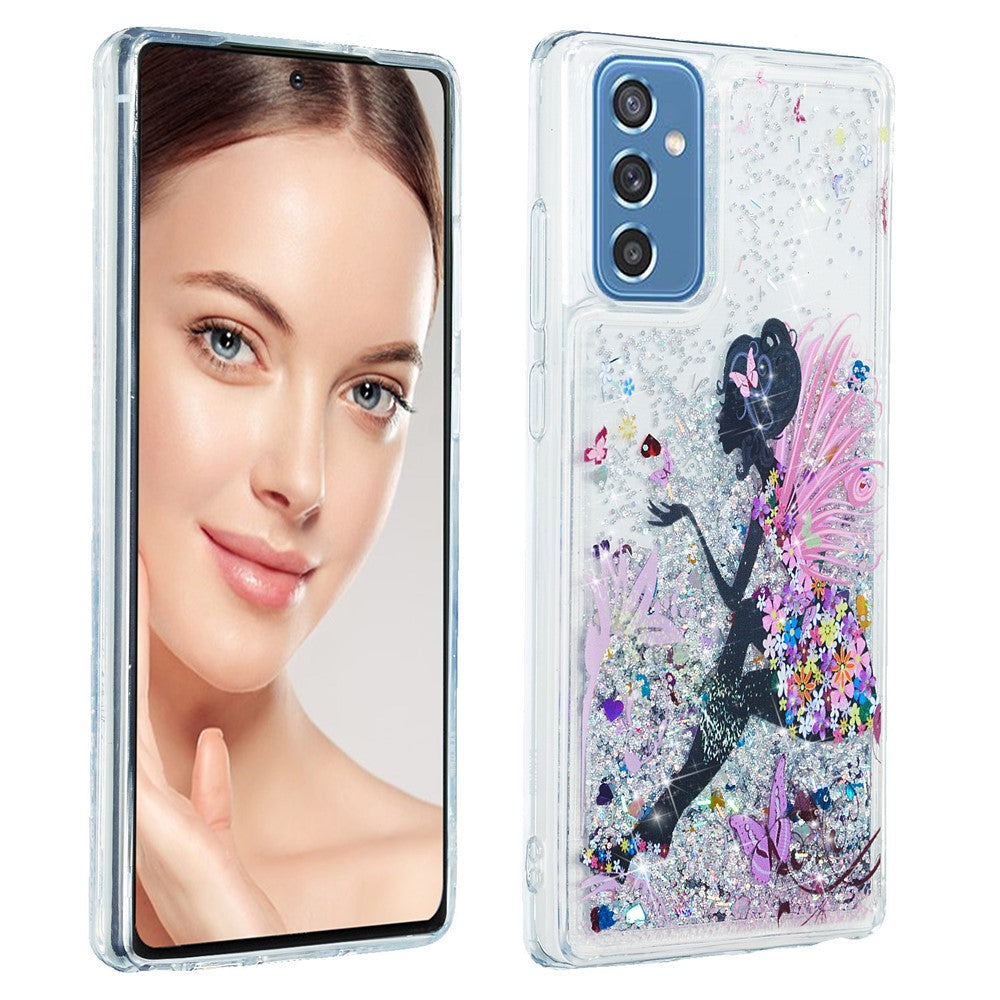 TPU Clear Cover Pattern Printing Moving Powder Quicksand Glitter Bling Phone Case for Samsung Galaxy M52 5G - Princess