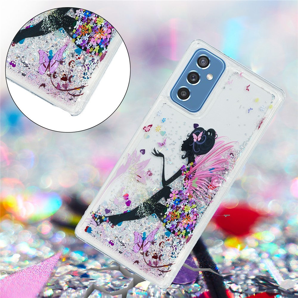 TPU Clear Cover Pattern Printing Moving Powder Quicksand Glitter Bling Phone Case for Samsung Galaxy M52 5G - Princess