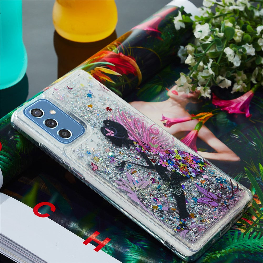 TPU Clear Cover Pattern Printing Moving Powder Quicksand Glitter Bling Phone Case for Samsung Galaxy M52 5G - Princess