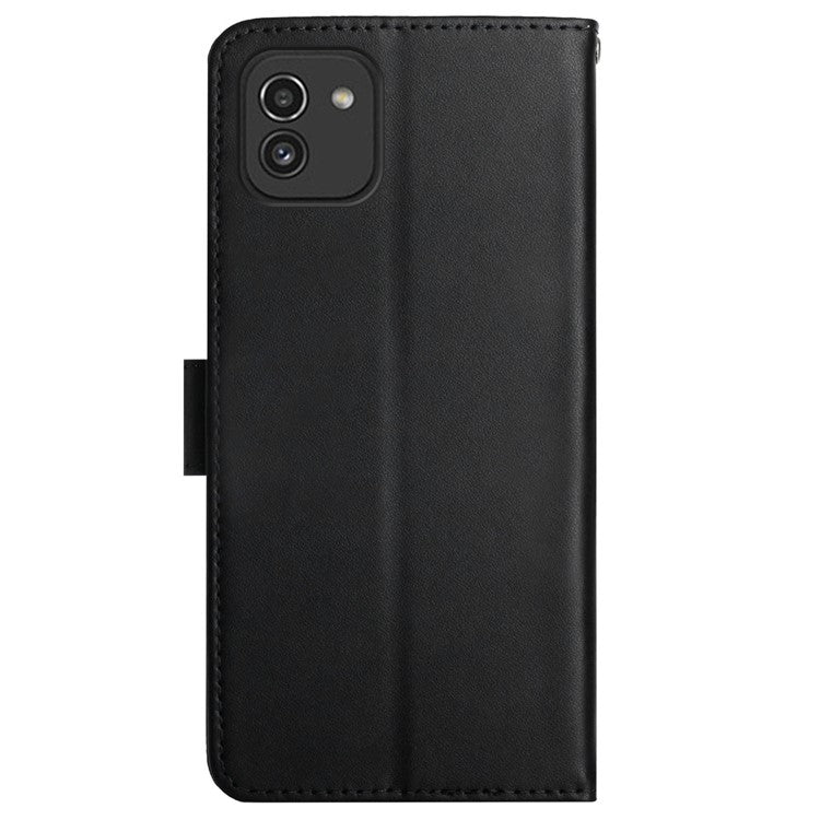 For Samsung Galaxy A03 (166.5x75.98x9.14mm) Fully Wrapped Solid Color Nappa Texture Genuine Leather Phone Case Viewing Stand Wallet Cover - Black