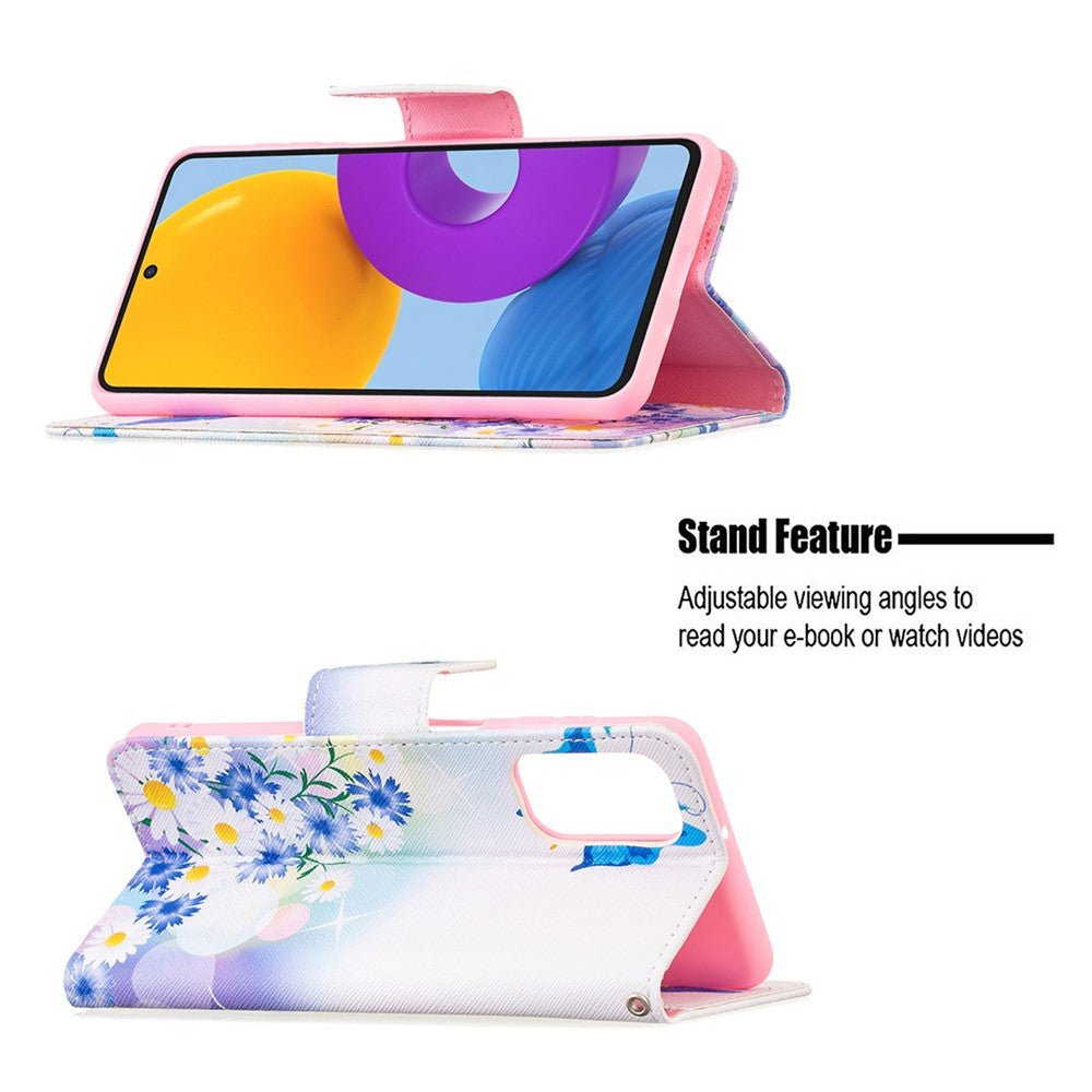 Pattern Printing PU Leather Folio Flip Stand Wallet Cover Anti-Fall Phone Case Shell for Samsung Galaxy M52 5G - Butterfly and Flowers