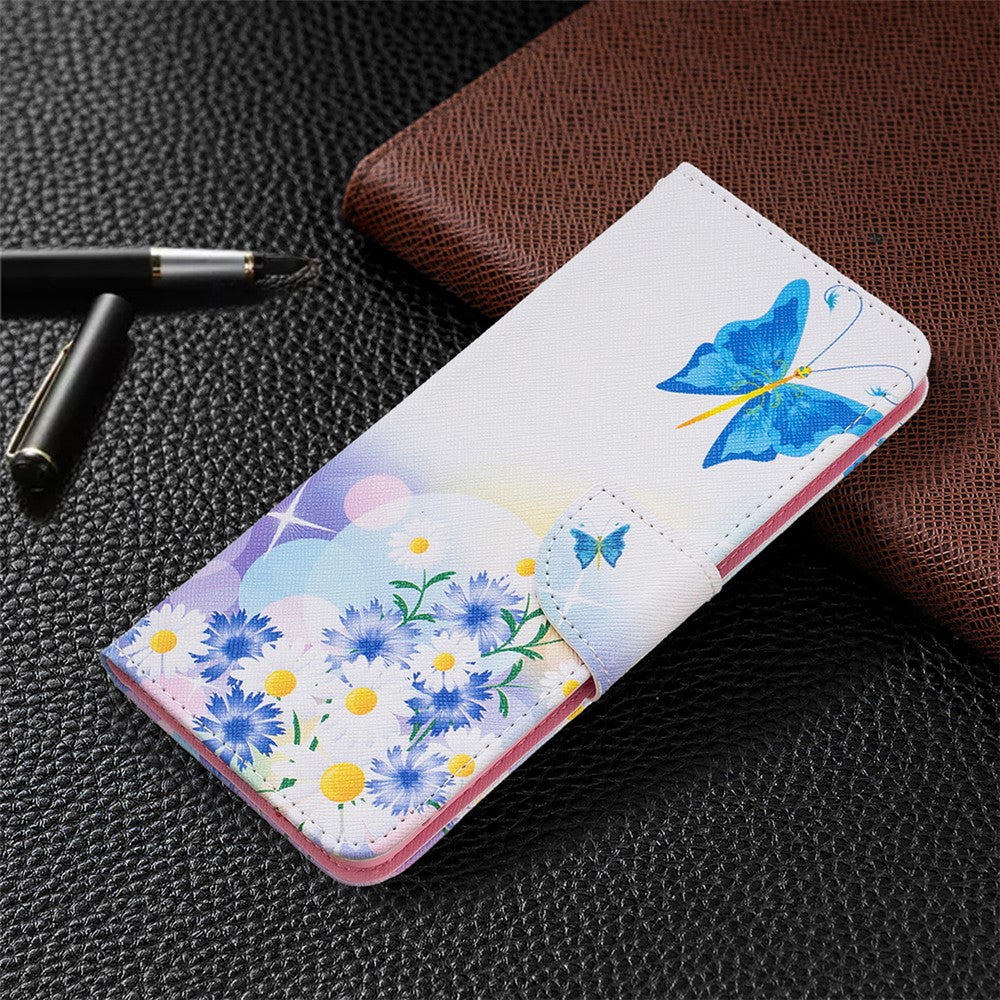 Pattern Printing PU Leather Folio Flip Stand Wallet Cover Anti-Fall Phone Case Shell for Samsung Galaxy M52 5G - Butterfly and Flowers
