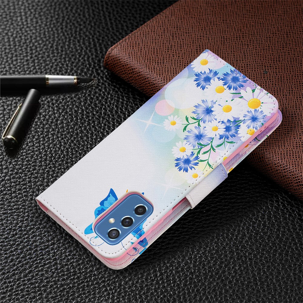 Pattern Printing PU Leather Folio Flip Stand Wallet Cover Anti-Fall Phone Case Shell for Samsung Galaxy M52 5G - Butterfly and Flowers